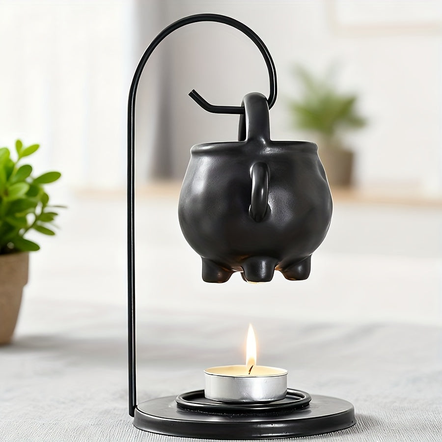Black Ceramic Essential Oil Lamp | Hanging Pot Candle Heater & Decorative Warm Night Light