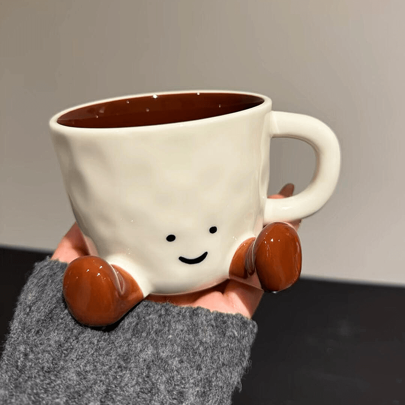 Cute Caramel-Colored Ceramic Cup – Light Luxury Coffee Mug with Cartoon Underglaze Design