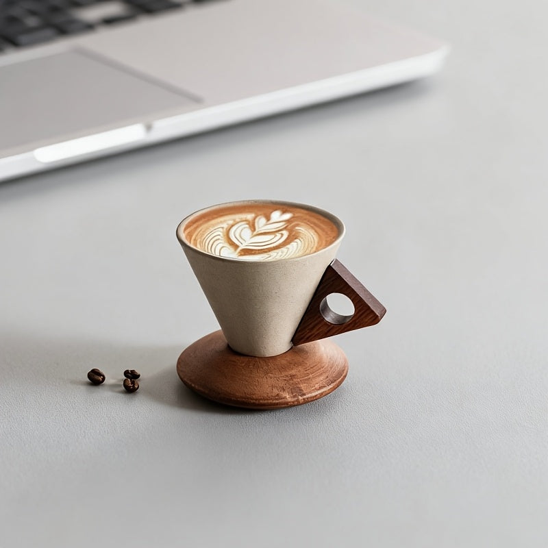 Handcrafted Ceramic Latte Cup with Wooden Handle & Coaster | 100ml/250ml Wide-Mouth Coffee Mug