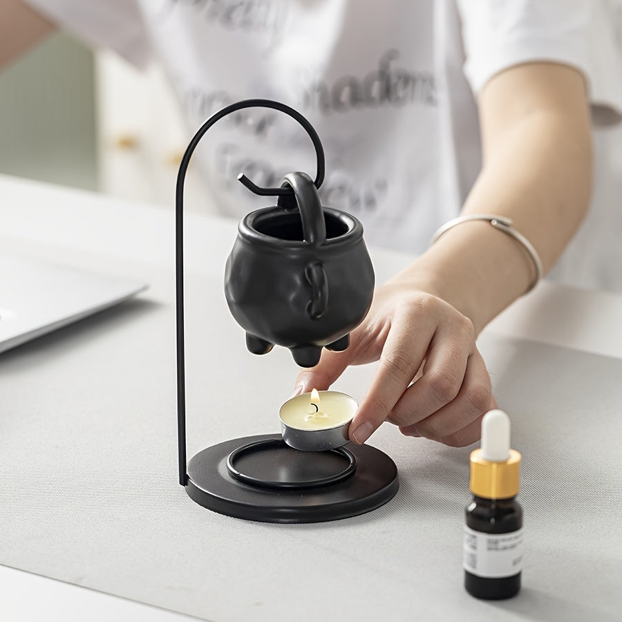 Black Ceramic Essential Oil Lamp | Hanging Pot Candle Heater & Decorative Warm Night Light