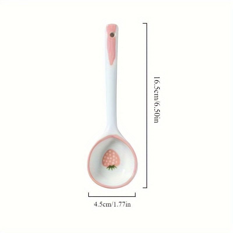 Kawaii Strawberry Ceramic Soup Spoon | Cute Korean Dessert Spoon with Long Handle