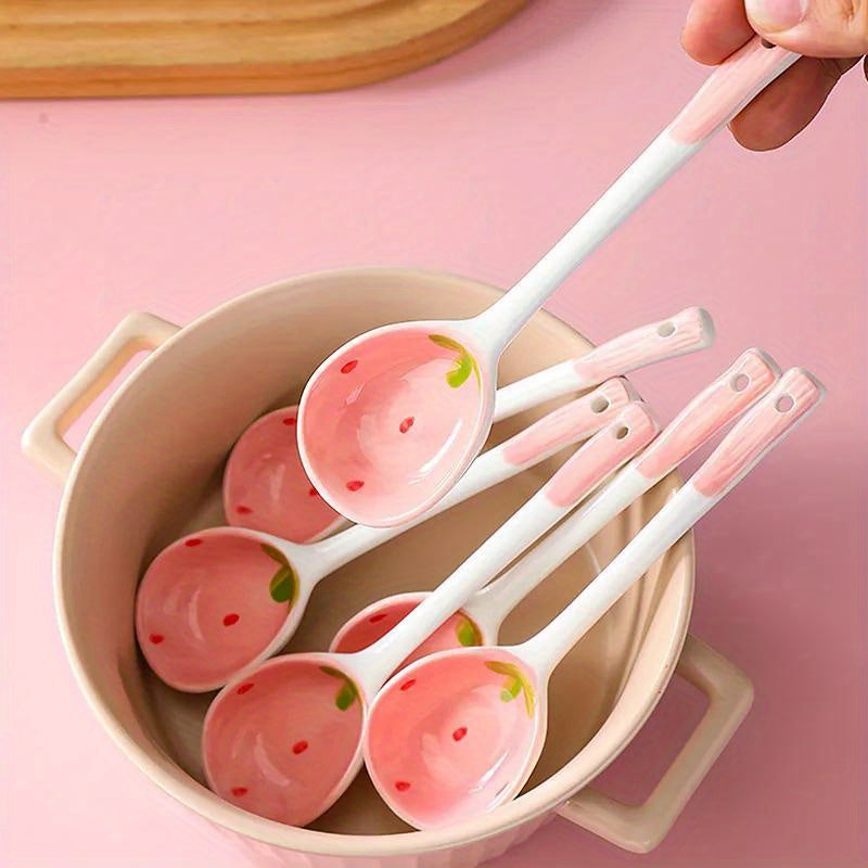 Kawaii Strawberry Ceramic Soup Spoon | Cute Korean Dessert Spoon with Long Handle