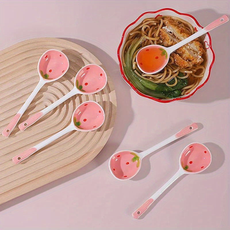 Kawaii Strawberry Ceramic Soup Spoon | Cute Korean Dessert Spoon with Long Handle
