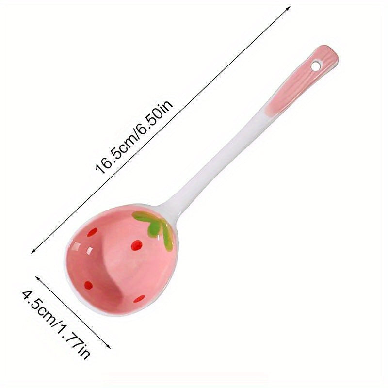Kawaii Strawberry Ceramic Soup Spoon | Cute Korean Dessert Spoon with Long Handle