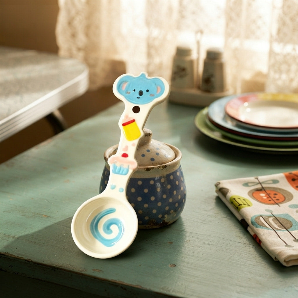 Cute Blue Bear Ceramic Spoon - 16cm Kawaii Animal Dessert Spoon for Coffee, Tea, and Appetizers