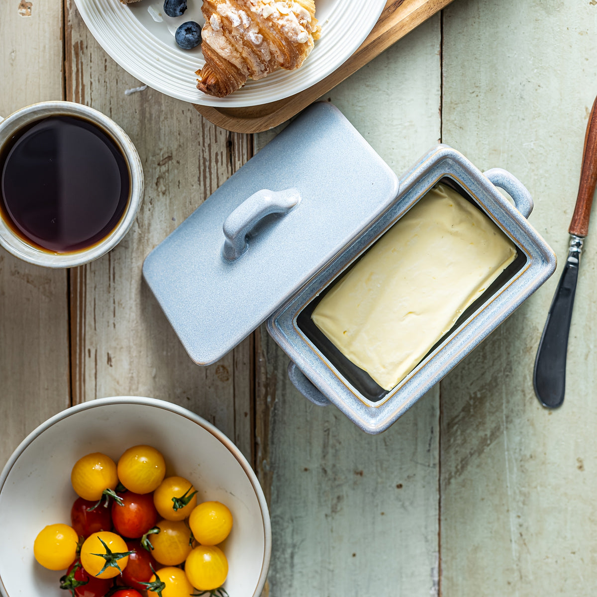 Large Farmhouse Butter Keeper – Ceramic Butter Dish with Wood Lid for All Butter Shapes