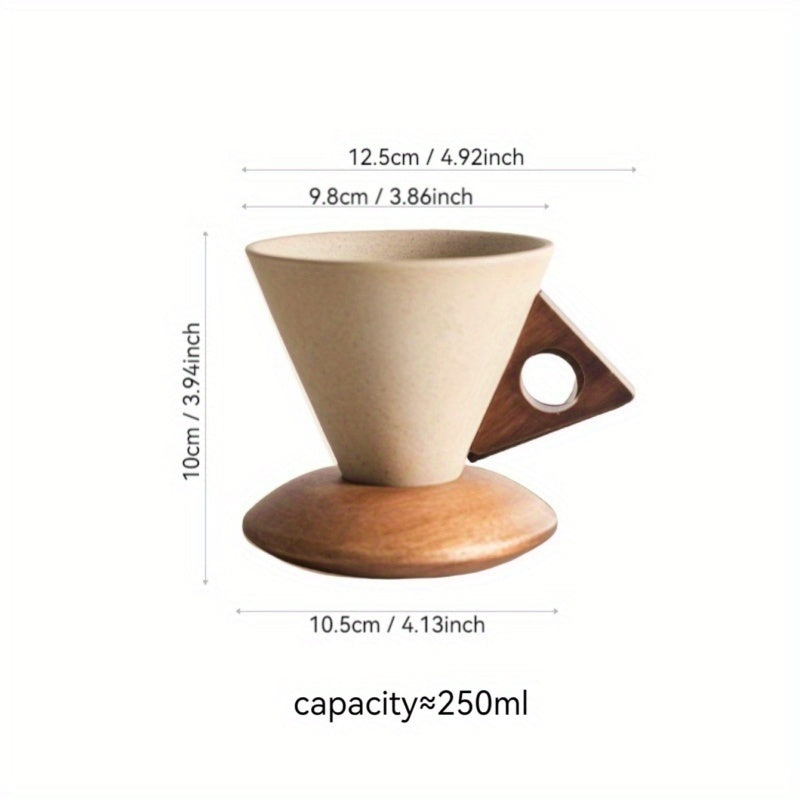 Handcrafted Ceramic Latte Cup with Wooden Handle & Coaster | 100ml/250ml Wide-Mouth Coffee Mug