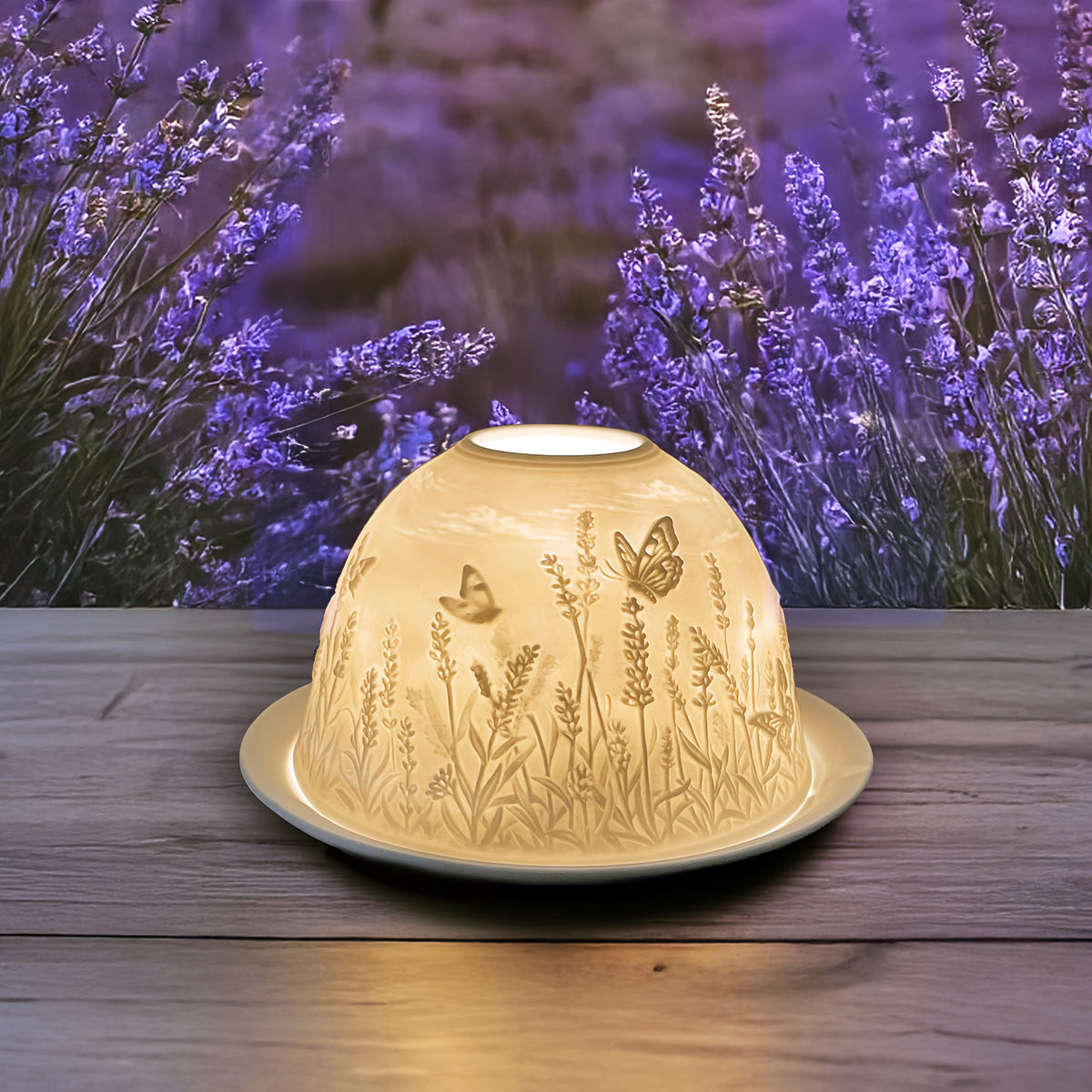 Porcelain Dome Tealight Holder Set | Lavender & Butterfly Design with 3D Projection