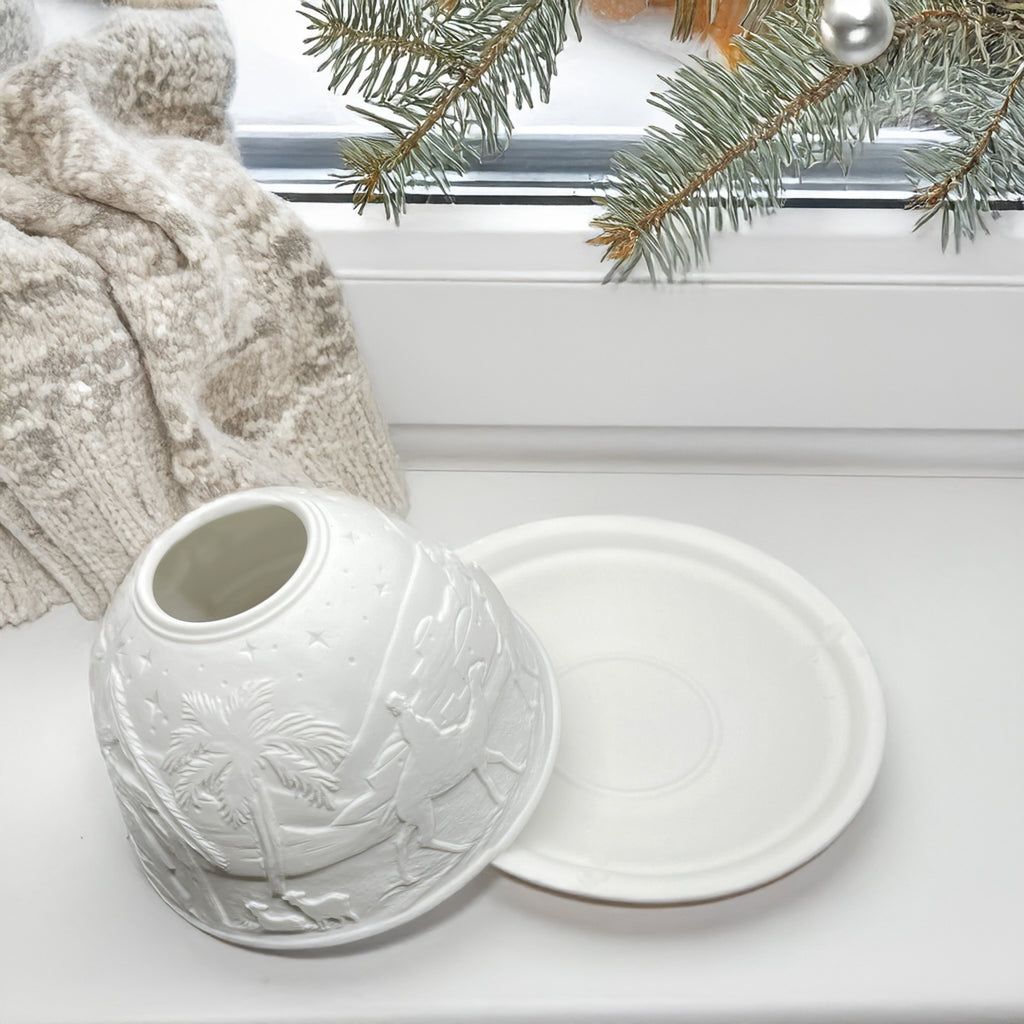 Porcelain Dome Tealight Holder, Set of Shade & Plate, Nativity Scene Design, A Stunning Candle Holder Projecting a 3D Image, Gifts for Christmas & Christmas Ornament, Living, Dining Room Table, Home Decor Accessories.