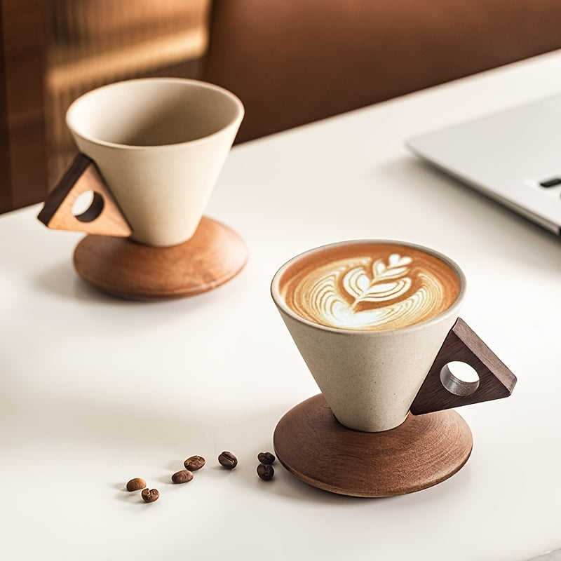 Handcrafted Ceramic Latte Cup with Wooden Handle & Coaster | 100ml/250ml Wide-Mouth Coffee Mug