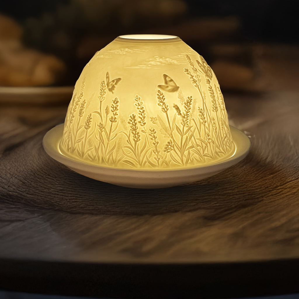 Porcelain Dome Tealight Holder Set | Lavender & Butterfly Design with 3D Projection