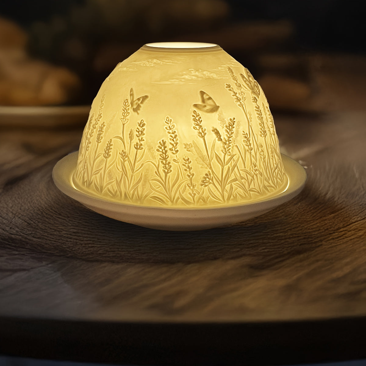 Porcelain Dome Tealight Holder Set | Lavender & Butterfly Design with 3D Projection