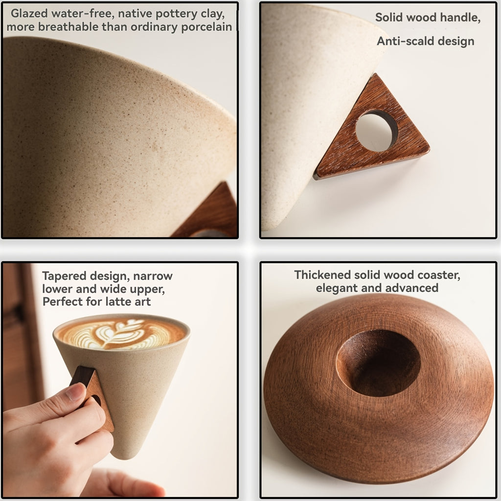 Handcrafted Ceramic Latte Cup with Wooden Handle & Coaster | 100ml/250ml Wide-Mouth Coffee Mug