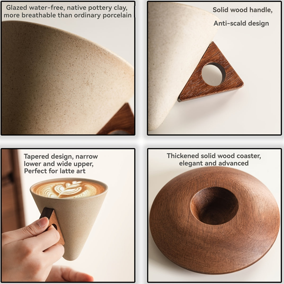 Handcrafted Ceramic Latte Cup with Wooden Handle & Coaster | 100ml/250ml Wide-Mouth Coffee Mug
