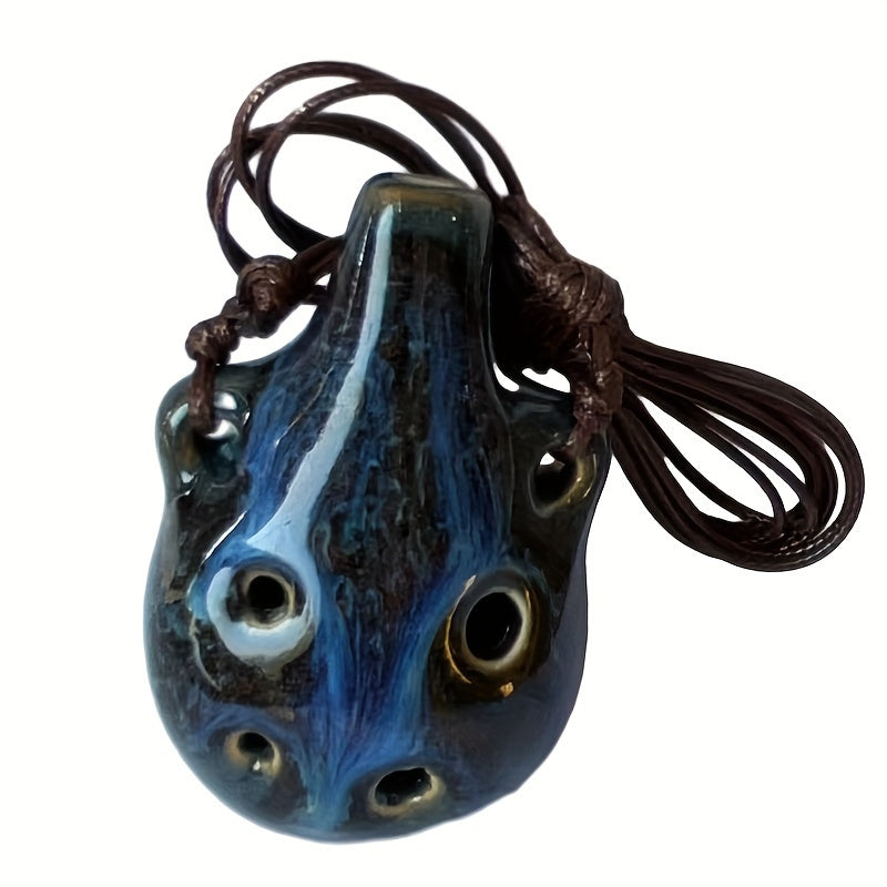 Vintage 6-Hole Ceramic Ocarina Flute | Mini Portable Wind Instrument with Adjustable Necklace