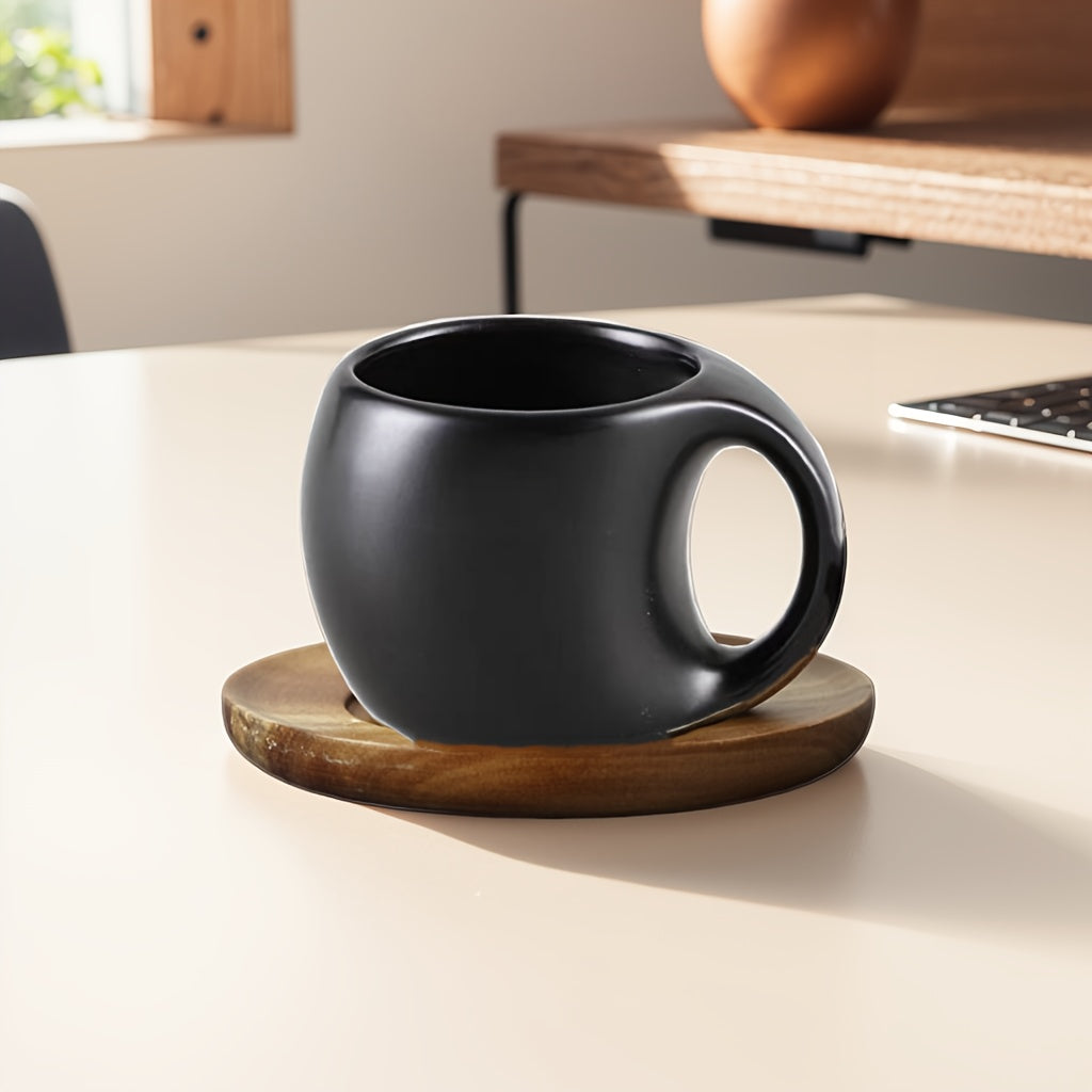 Black Ceramic Coffee Mug with Wooden Saucer | 7oz/12.3oz, Microwave & Dishwasher Safe