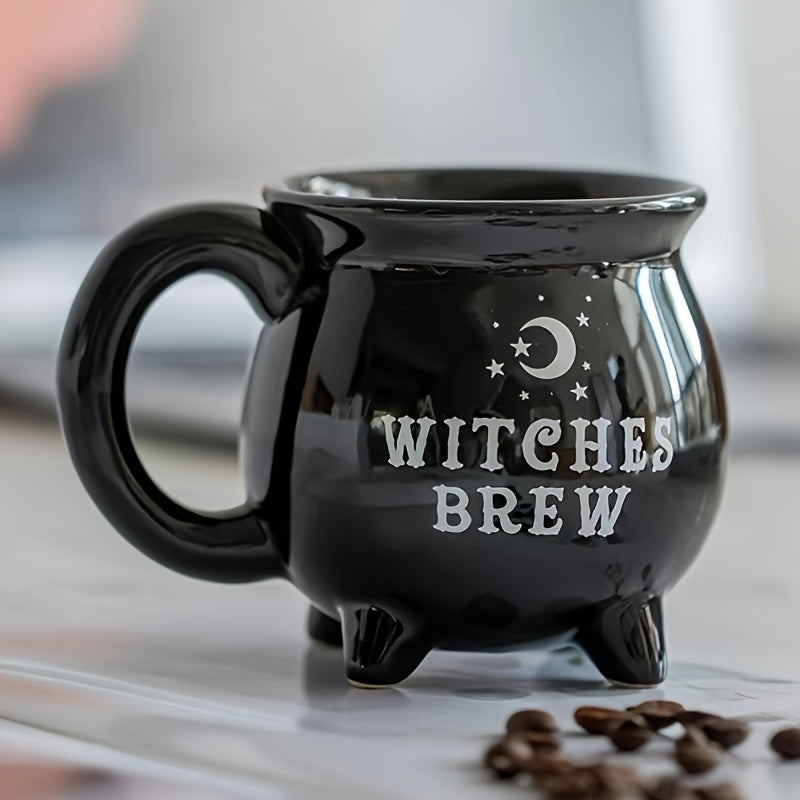 Witch Cauldron Ceramic Mug | 13.53oz Black Coffee Mug for Halloween & Spooky Vibes
