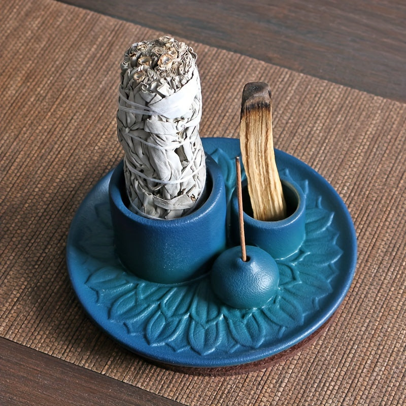4-in-1 Ceramic Incense Holder | Palo Santo, Sage & Stick Holder with Candle Burner