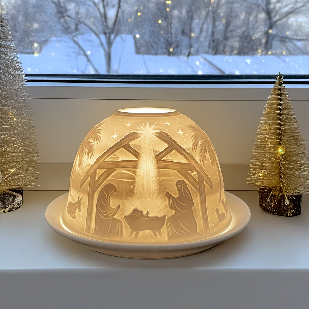 Porcelain Dome Tealight Holder, Set of Shade & Plate, Nativity Scene Design, A Stunning Candle Holder Projecting a 3D Image, Gifts for Christmas & Christmas Ornament, Living, Dining Room Table, Home Decor Accessories.