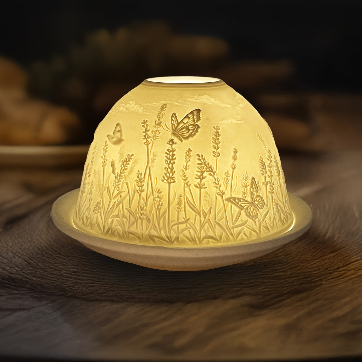 Porcelain Dome Tealight Holder Set | Lavender & Butterfly Design with 3D Projection