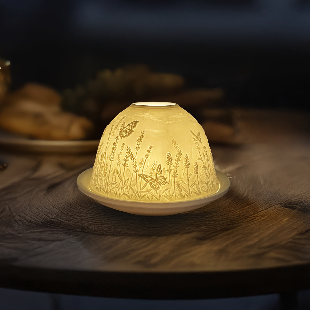 Porcelain Dome Tealight Holder Set | Lavender & Butterfly Design with 3D Projection