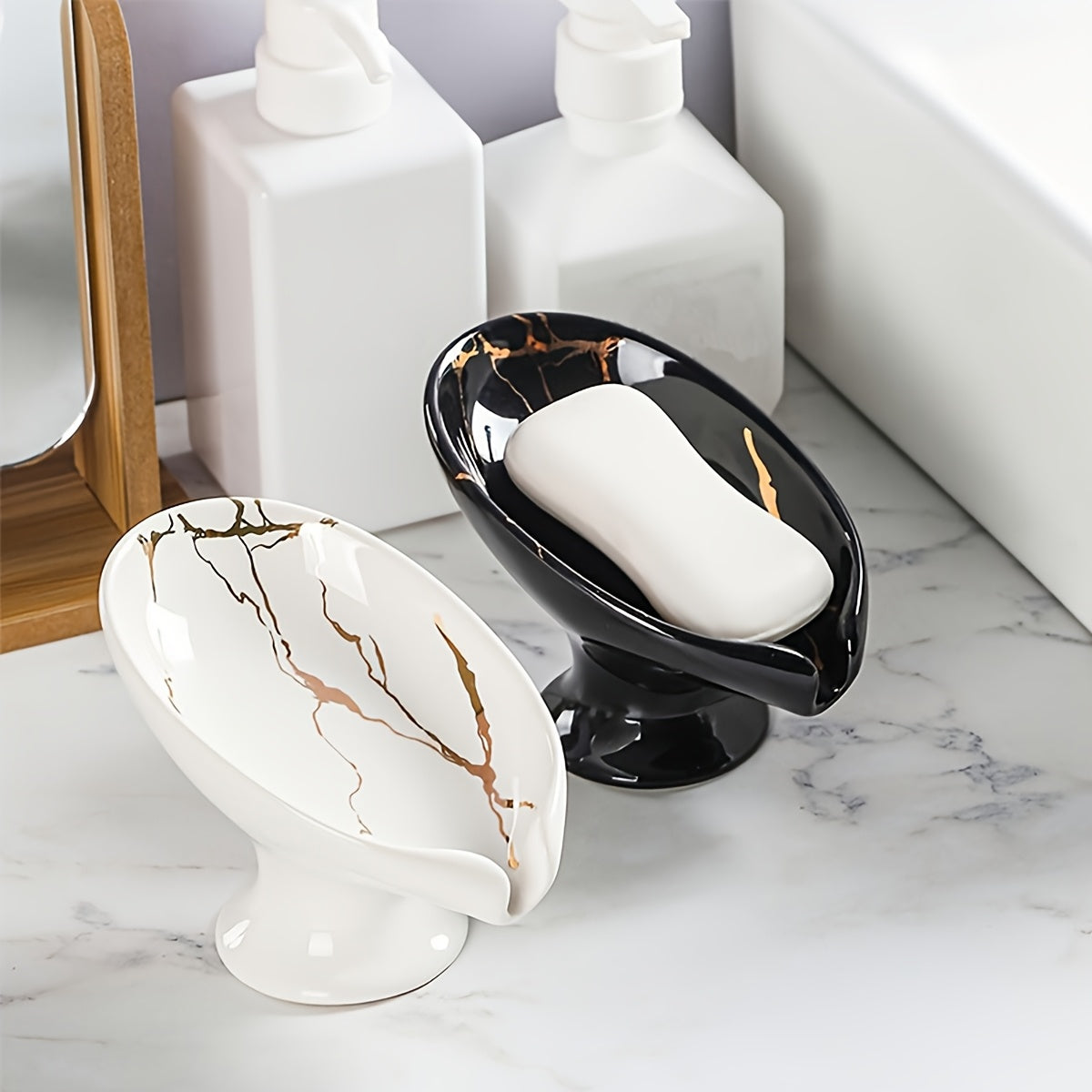 Self-Draining Ceramic Soap Dish | Marble Leaf-Shaped Soap Rack for Bathroom