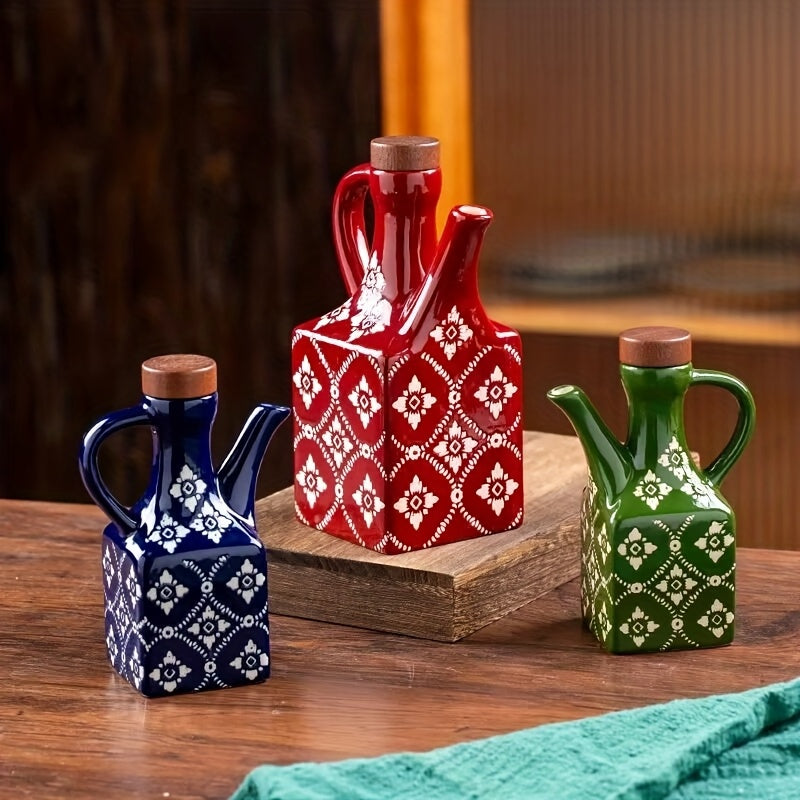 Square Ceramic Oil & Vinegar Bottle with Wood Lid | Hygienic Dining Table Dispenser