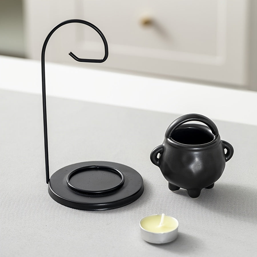 Black Ceramic Essential Oil Lamp | Hanging Pot Candle Heater & Decorative Warm Night Light