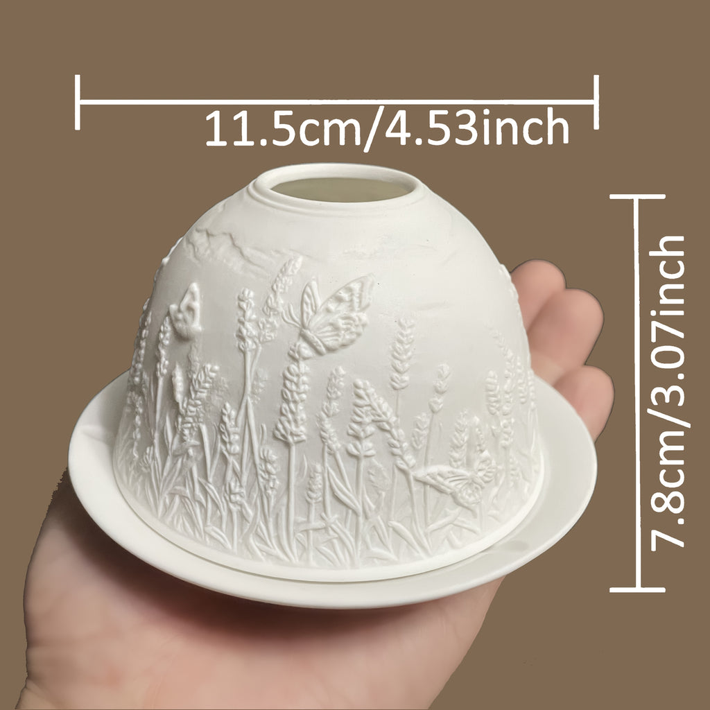 Porcelain Dome Tealight Holder Set | Lavender & Butterfly Design with 3D Projection