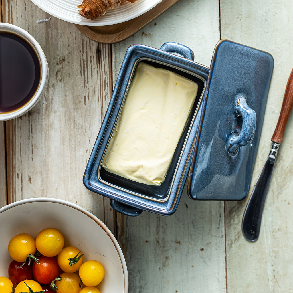 Large Farmhouse Butter Keeper – Ceramic Butter Dish with Wood Lid for All Butter Shapes