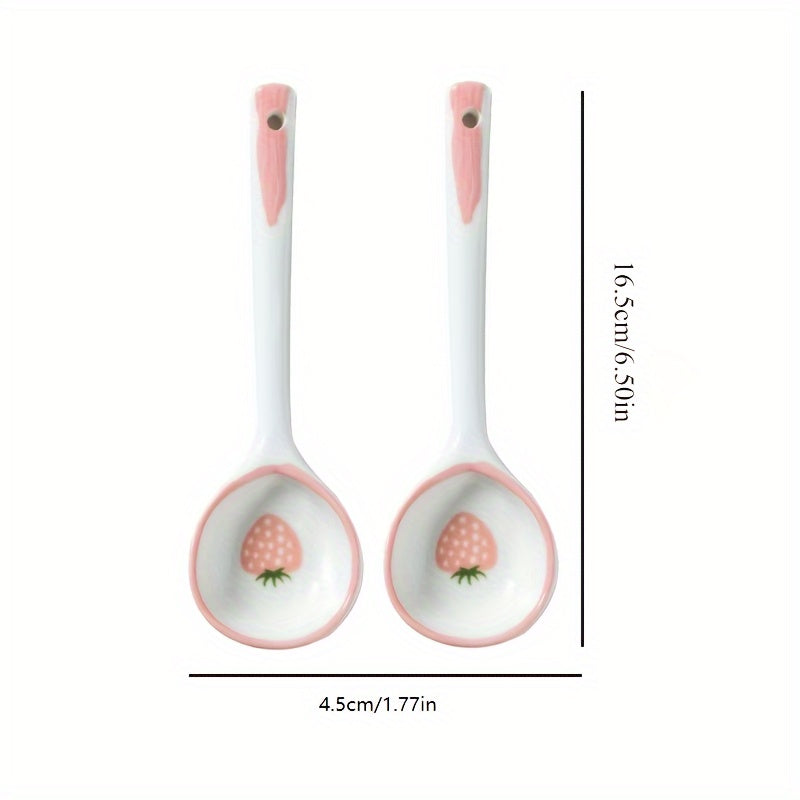 Kawaii Strawberry Ceramic Soup Spoon | Cute Korean Dessert Spoon with Long Handle