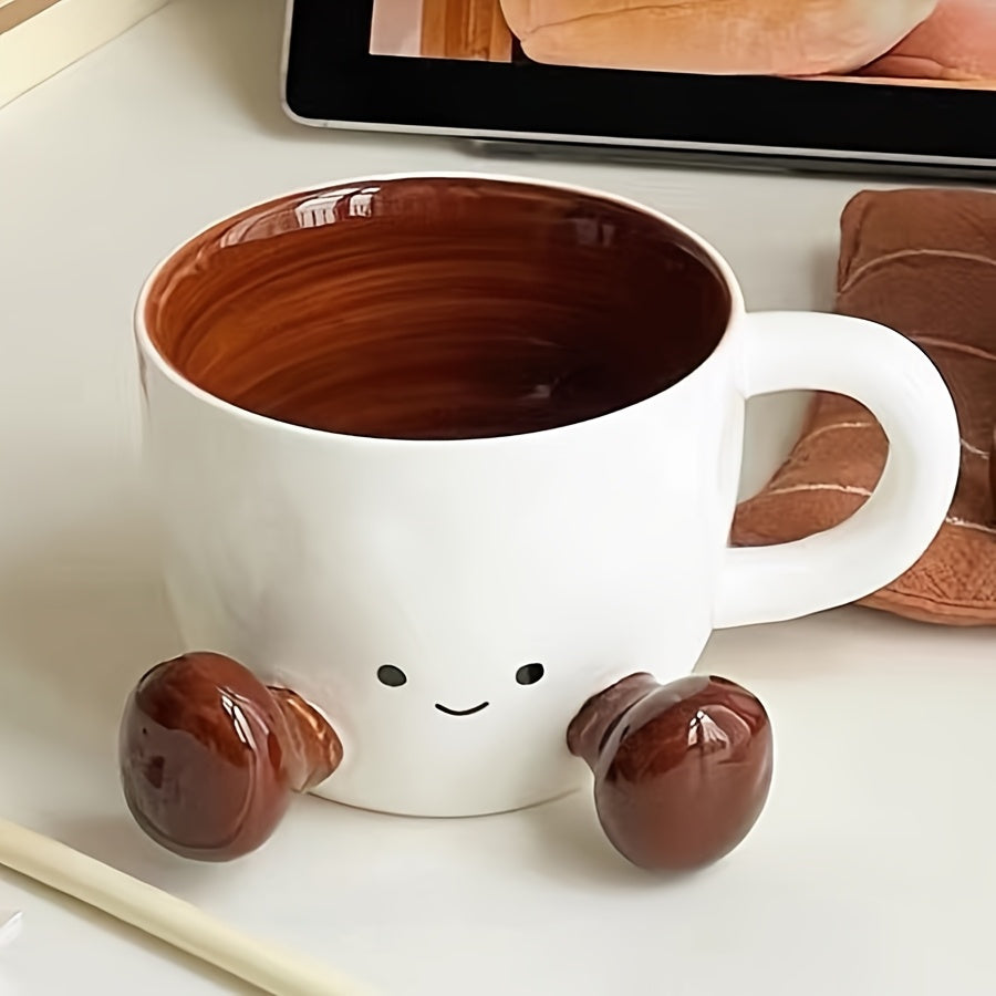 Cute Caramel-Colored Ceramic Cup – Light Luxury Coffee Mug with Cartoon Underglaze Design