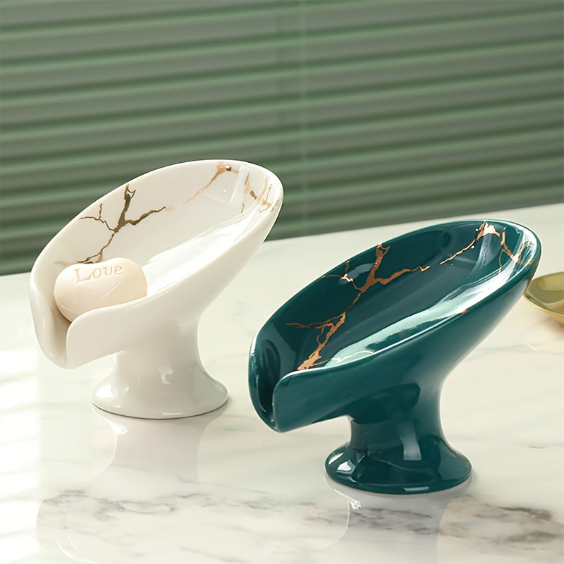 Self-Draining Ceramic Soap Dish | Marble Leaf-Shaped Soap Rack for Bathroom