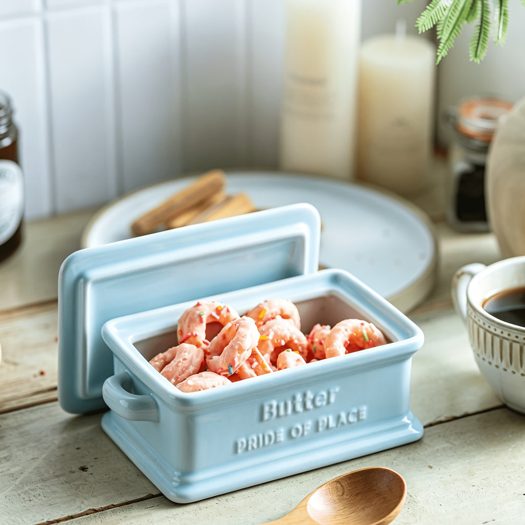 Large Farmhouse Butter Keeper – Ceramic Butter Dish with Wood Lid for All Butter Shapes