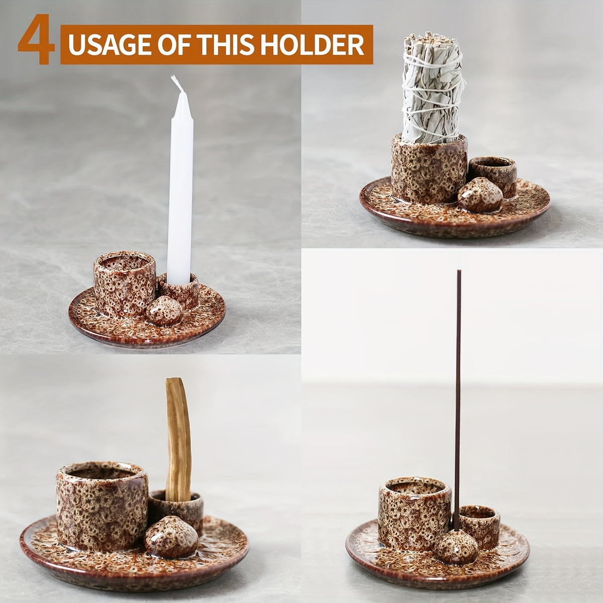 4-in-1 Ceramic Incense Holder | Palo Santo, Sage & Stick Holder with Candle Burner