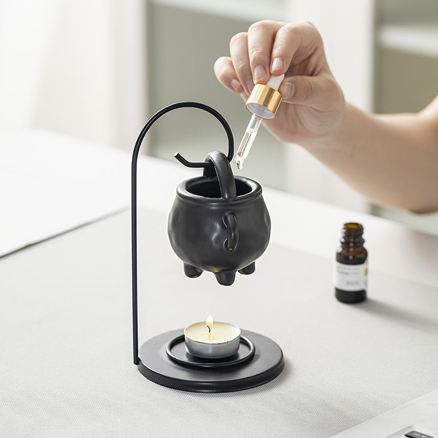 Black Ceramic Essential Oil Lamp | Hanging Pot Candle Heater & Decorative Warm Night Light