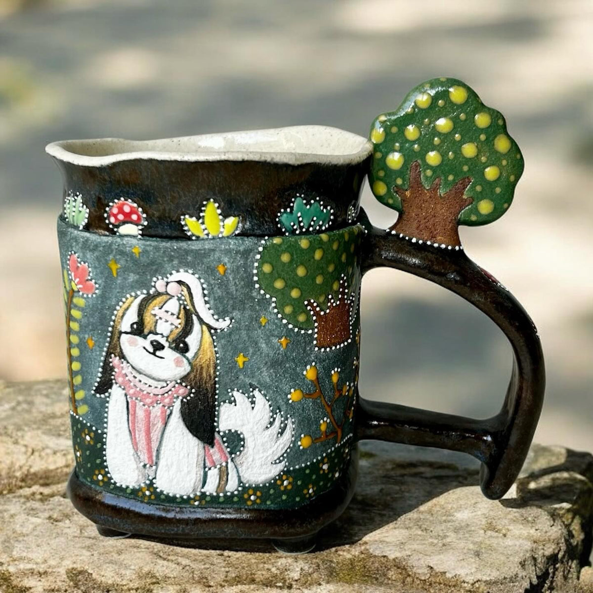 Handmade Ceramic Dog Mug with Tree Handle | Whimsical Illustrated Pottery Cup | Cute Woodland Animal Coffee Mug | Unique Gift for Dog Lovers