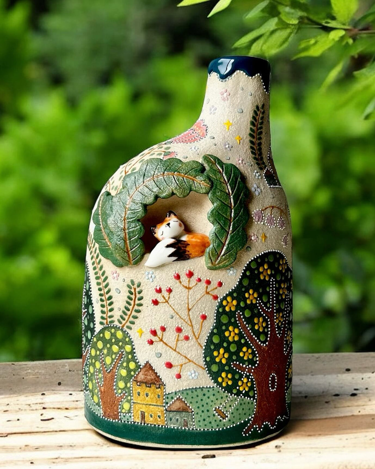 Handmade Ceramic Sleeping Fox Vase | Whimsical Woodland Pottery Bottle with 3D Leaves | Cute Nature Home Decor | Unique Gift for Her