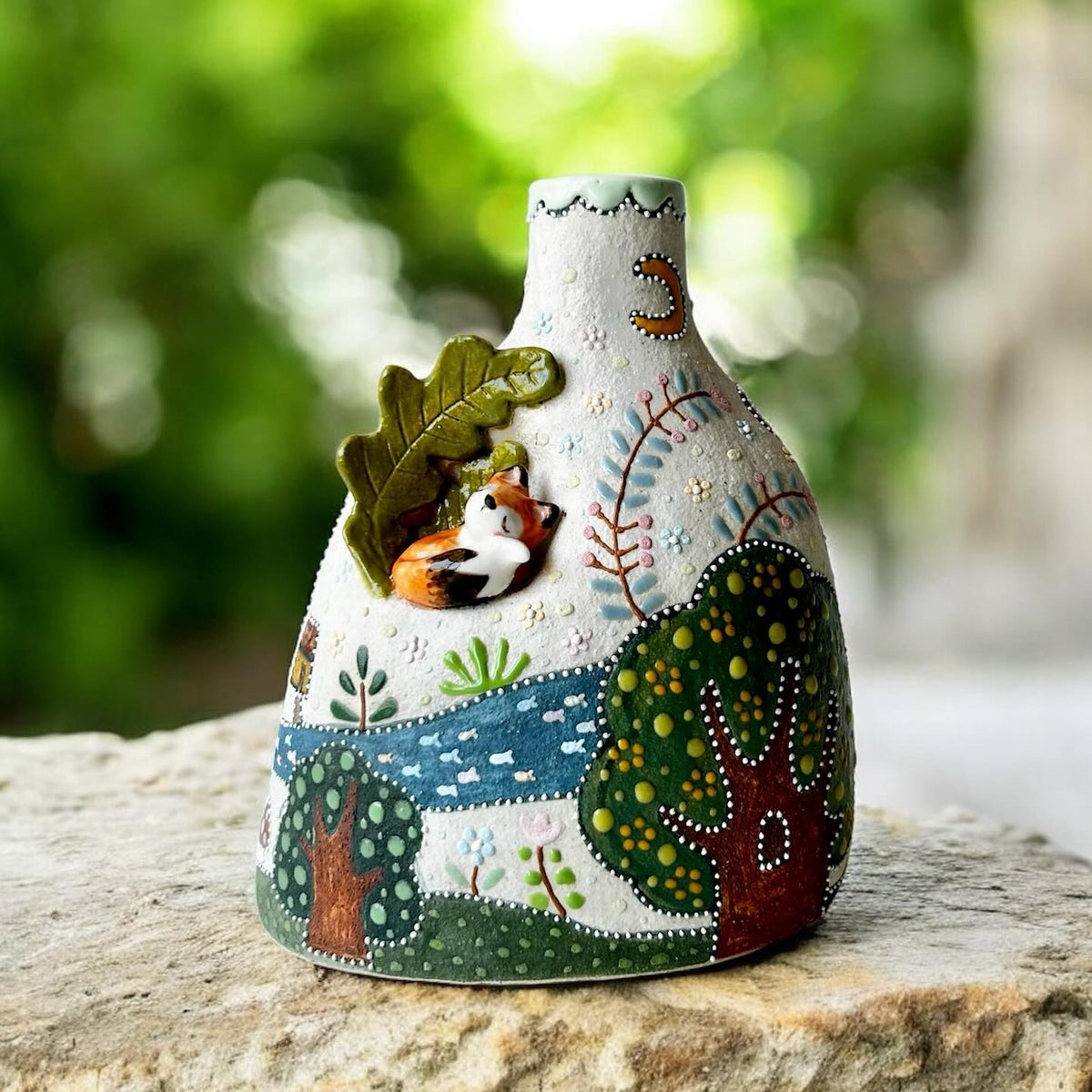 Handmade Ceramic Sleeping Fox Vase | Whimsical Woodland Pottery Bottle with 3D Leaves & River Scene | Cute Nature Home Decor | Unique Gift for Her