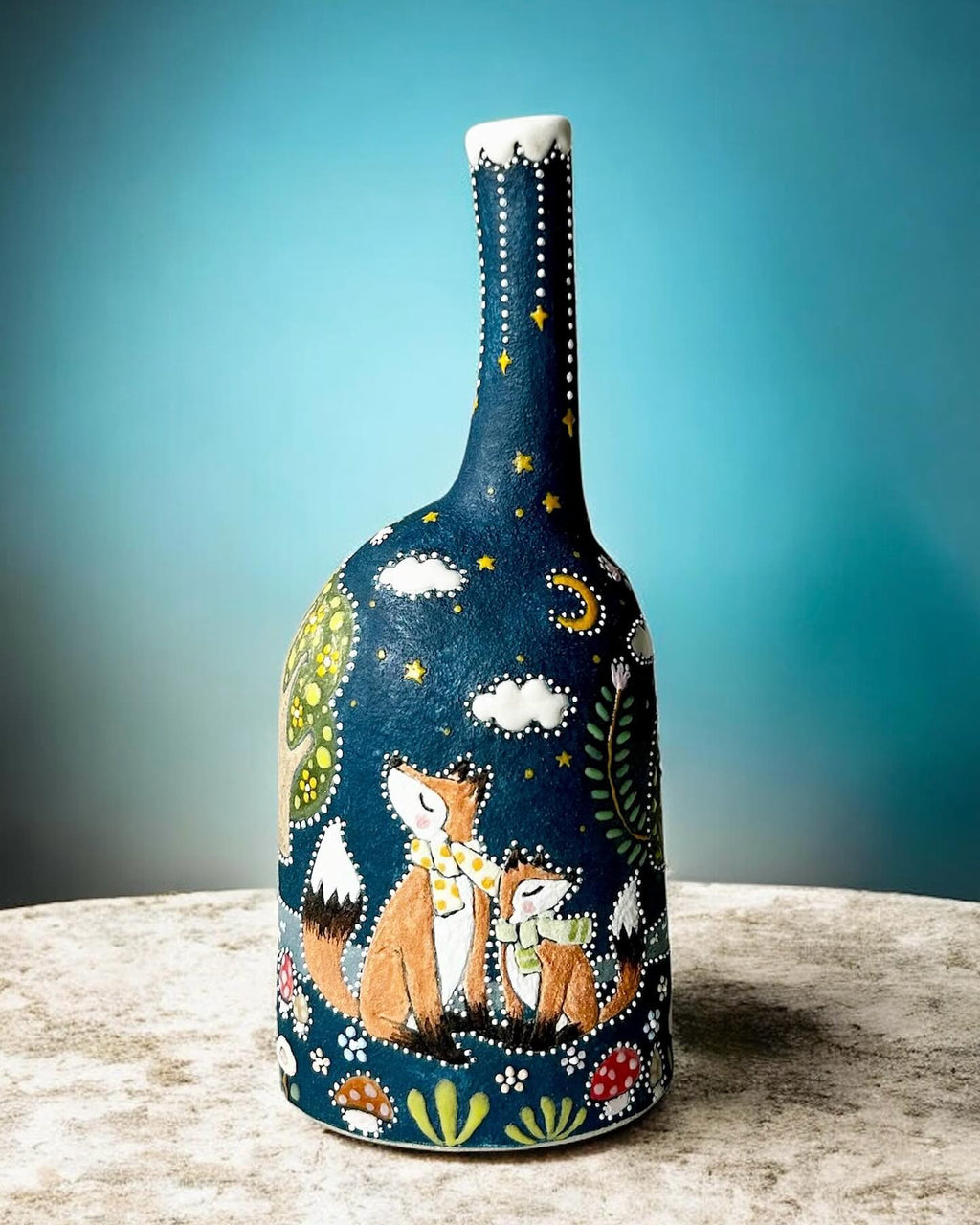 Handmade Ceramic Fox Family Vase | Whimsical Illustrated Pottery Bottle | Cute Woodland Night Scene | Unique Nature Lover Gift