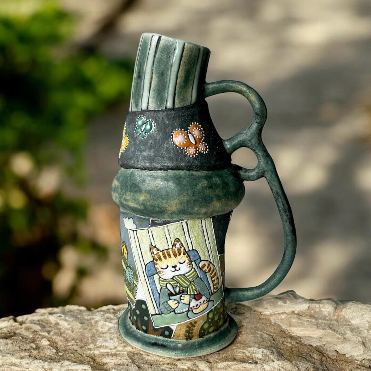 Handmade Ceramic Cat Mug with Sculptural Handle | Whimsical Illustrated Pottery Cup | Cozy Cat Lover Gift | Unique Art Coffee Mug