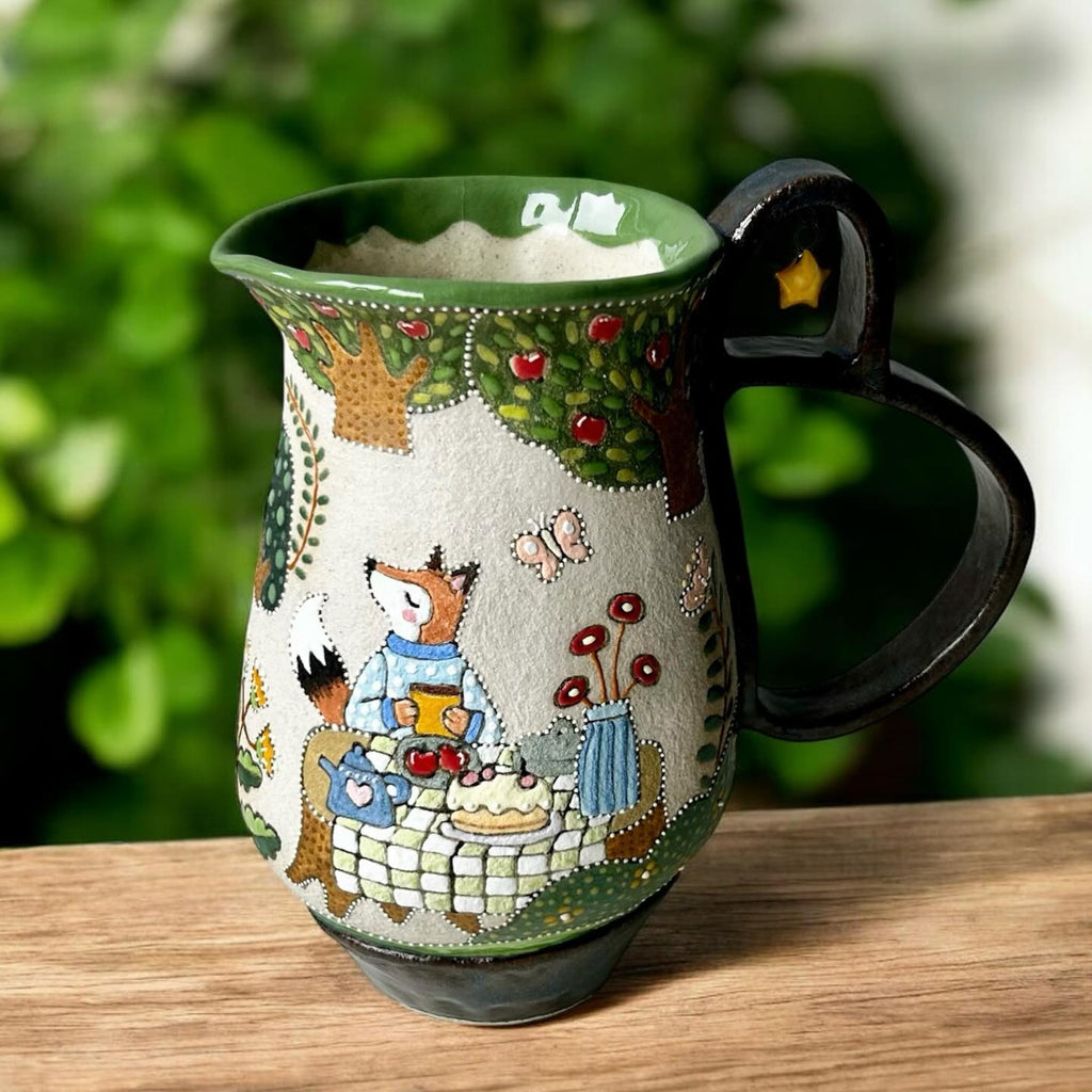 Handmade Ceramic Fox Pitcher with Picnic Scene | Whimsical Illustrated Pottery Jug | Cute Woodland Animal Decor | Unique Gift for Her