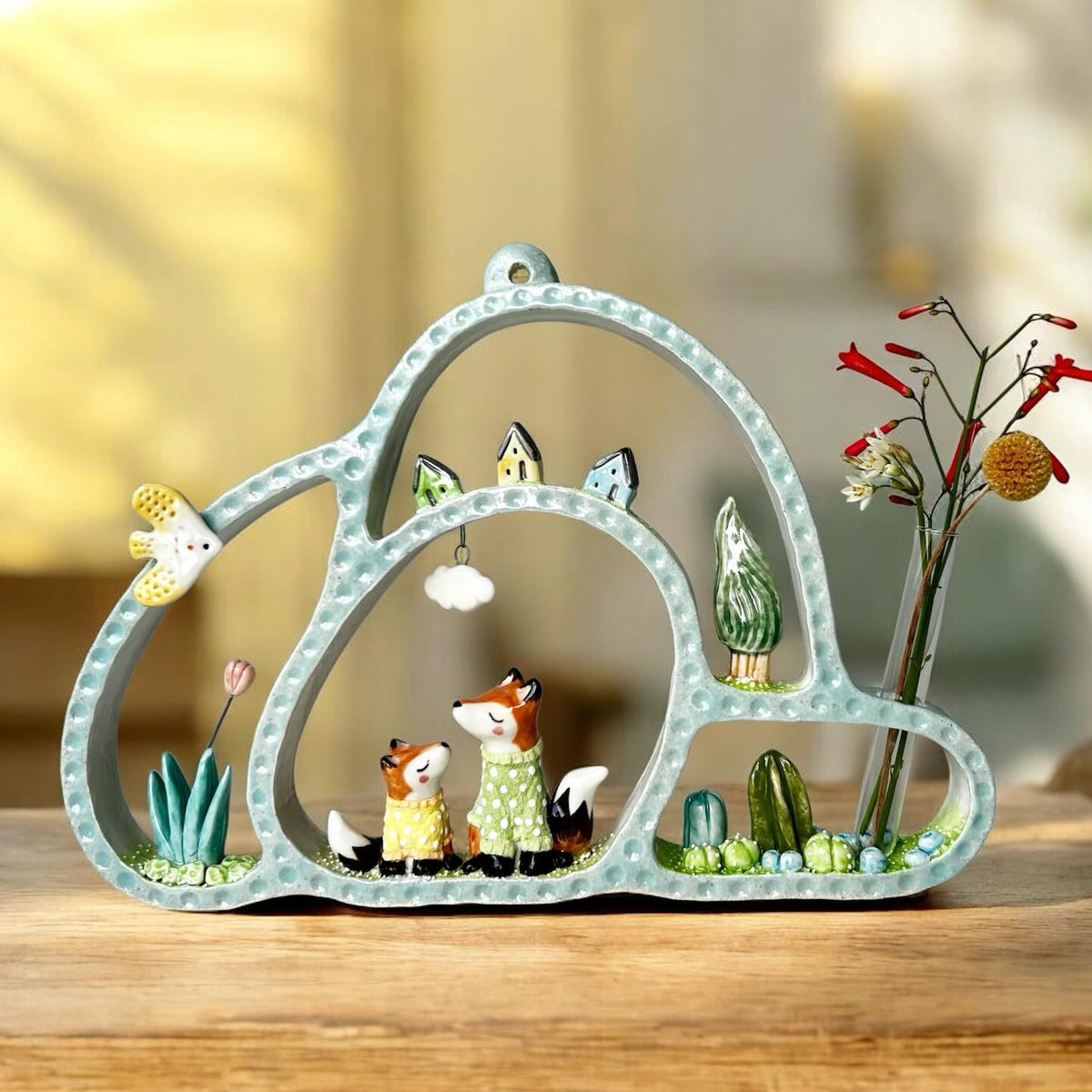 Handmade Ceramic Fox Family Diorama with Test Tube Vase | Whimsical Woodland Scene | Cute Pottery Home Decor | Unique Gift for Nature Lovers