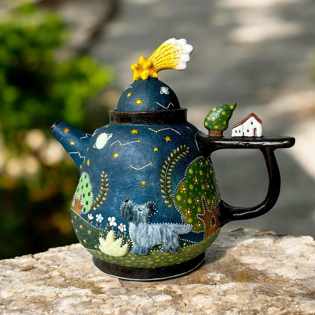 Handmade Ceramic Teapot with 3D Star Lid & Tiny House Handle | Whimsical Night Sky & Dog Illustration | Unique Art Pottery Tea Kettle