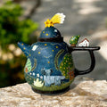 Handmade Ceramic Teapot with 3D Star Lid & Tiny House Handle | Whimsical Night Sky & Dog Illustration | Unique Art Pottery Tea Kettle