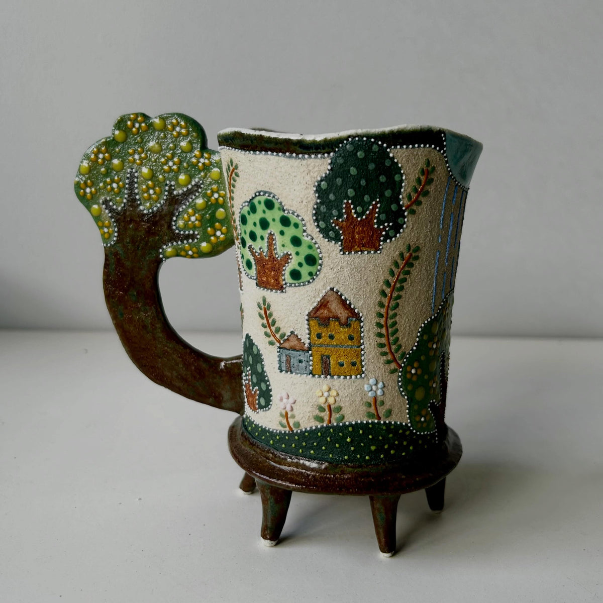 Handmade Ceramic Fox Mug with Tree Handle | Whimsical Illustrated Pottery Cup | Cute Woodland Animal Coffee Mug | Unique Gift for Her