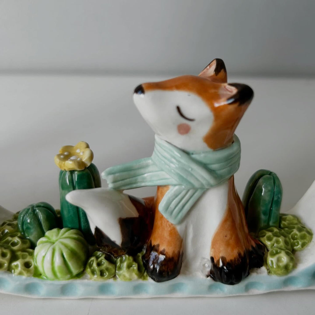 Handmade Ceramic Fox Diorama with Test Tube Vase | Whimsical Woodland Scene | Cute Pottery Home Decor | Unique Gift for Nature Lovers