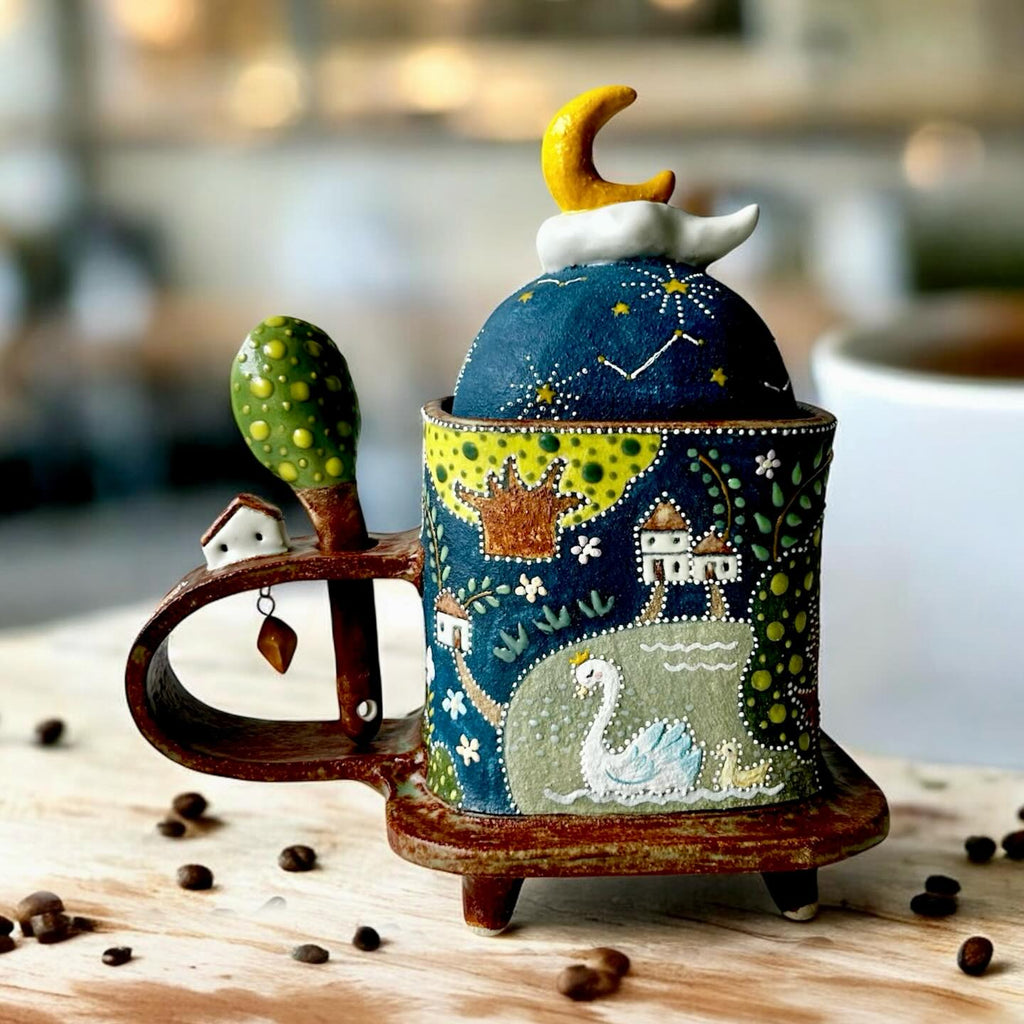 Handmade Ceramic Dog Mug with Moon Lid & Tree Spoon | Whimsical Illustrated Pottery Cup | Cute Puppy Lover Gift | Unique Art Coffee Mug