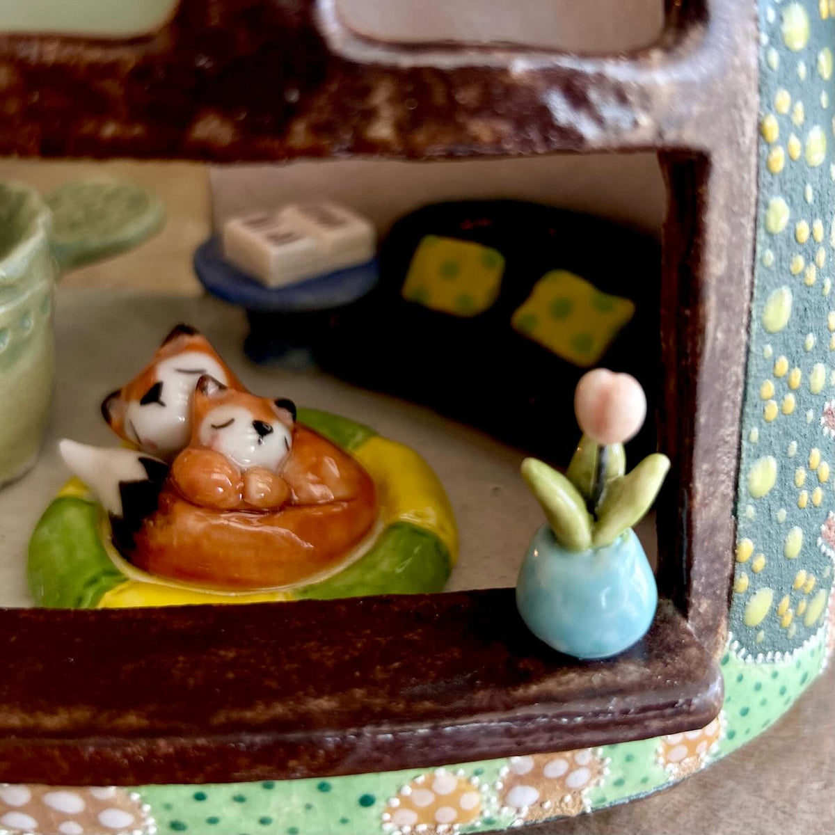 Handmade Ceramic Fairy House Candle Holder | Whimsical Woodland Cottage with Fox Family | Unique Pottery Home Decor | Storybook Gift for Her