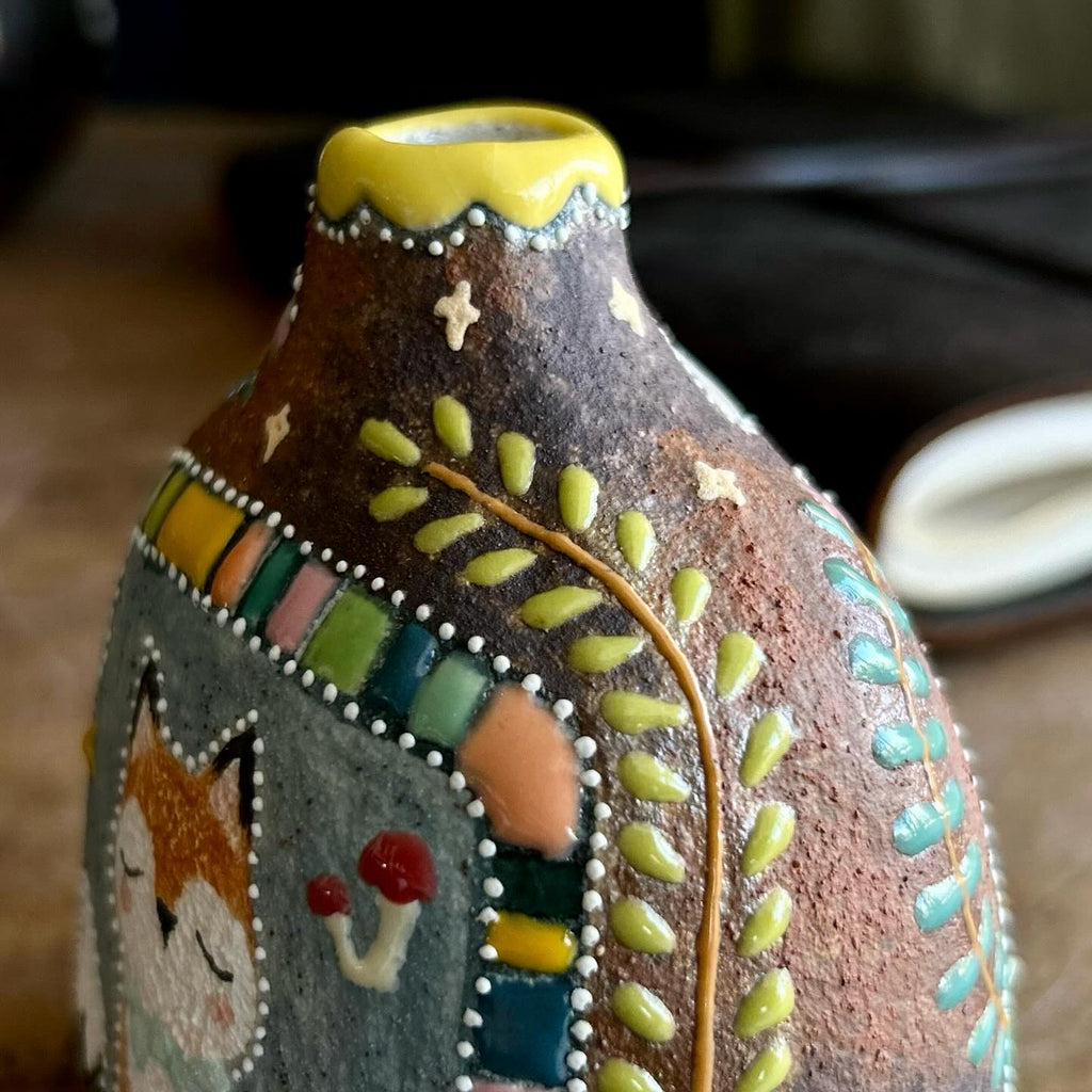 Handmade Ceramic Fox Vase | Whimsical Illustrated Pottery Bottle with Patchwork Border | Cute Woodland Home Decor | Unique Gift for Her